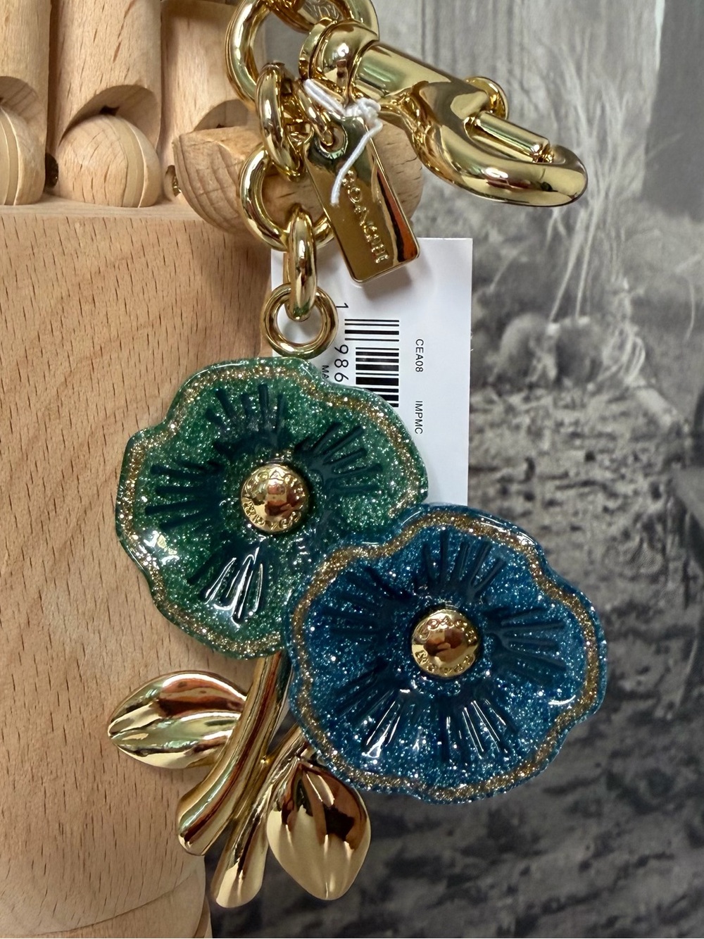 NWT Coach Two Flower Tea Rose Floral Bag Charm Blue Green Multi CEA08